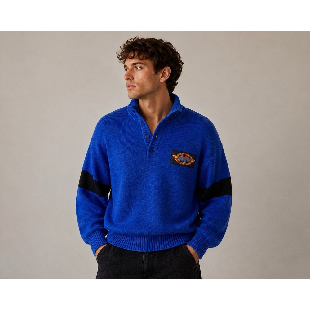 Vintage SERAC Wool Sweater Mens L Blue Apres Ski Rugby Racing Pullover 80s